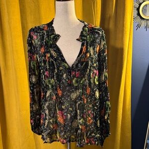 Anthropologie Black Sheer Blouse with Multicolor Floral Pattern